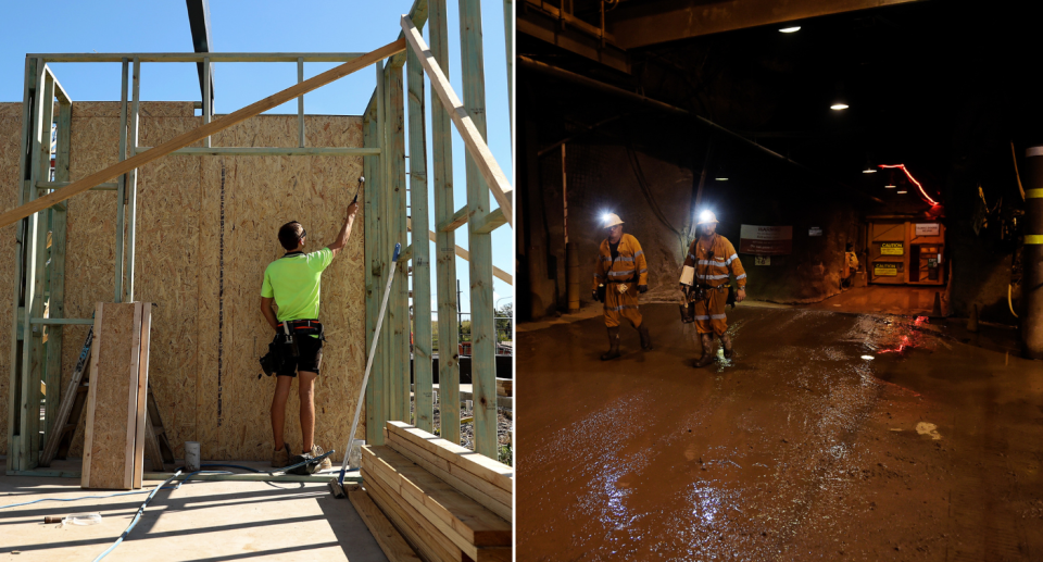 A construction worker working on a home (left) and underground mining workers (right).