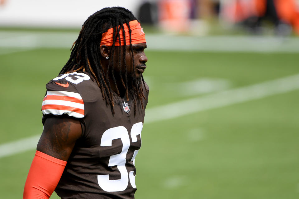 Ronnie Harrison in a brown Browns uniform, without helmet. 