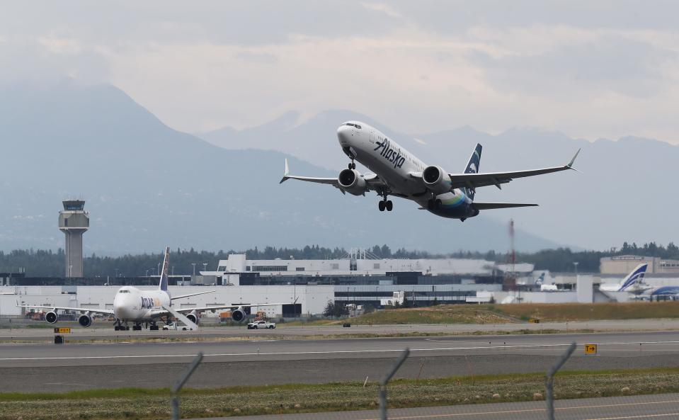 A passenger flight takes off from the Ted Stevens Anchorage International Airport in Anchorage, Ak. on Aug. 24, 2023.  The state is busy with airplane traffic due to its size and geography.