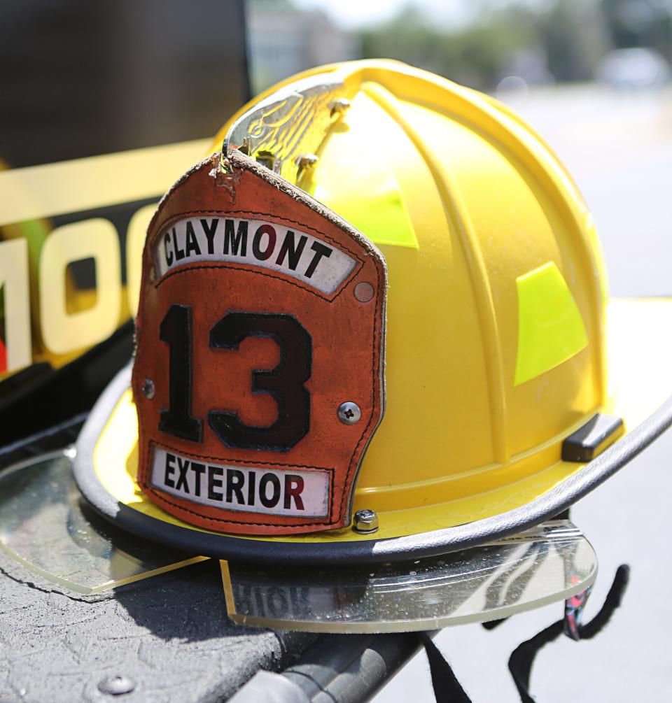 A fire helmet sits on a the ledge of a Claymont Fire Company truck on Monday, May 20, 2024.