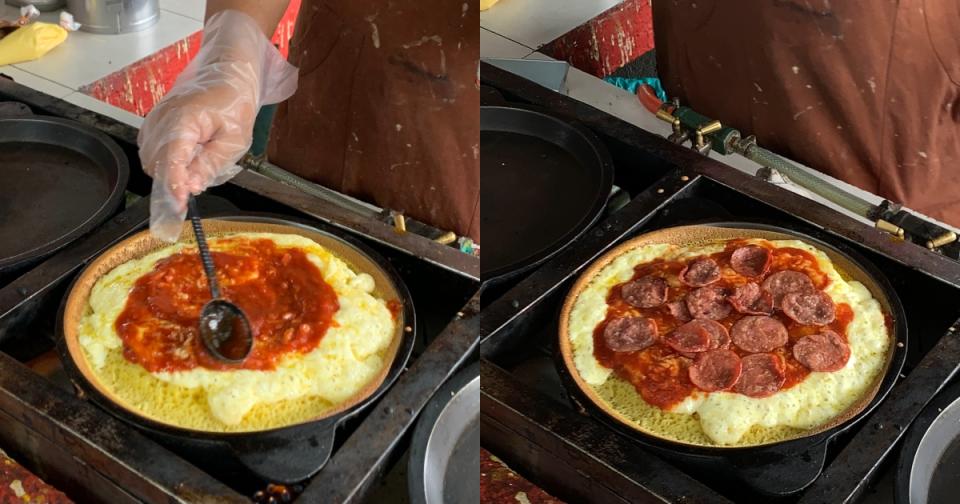 Apam Balik Kuhot - Spreading tomato sauce and adding pepperoni slices