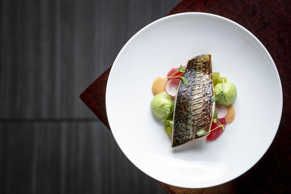 Line caught Cornish mackerel, Devon crab, avocado cream, pink grapefruit and cucumber