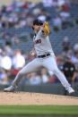 Cleveland Guardians pitcher Shane Bieber throws during the first inning of the team's baseball game against the Minnesota Twins, Saturday, May 14, 2022, in Minneapolis. (AP Photo/Stacy Bengs)