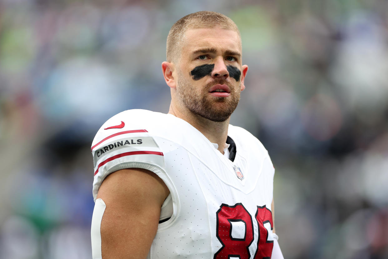 SEATTLE, WASHINGTON - OCTOBER 22: Zach Ertz #86 of the Arizona Cardinals looks on before the game against the Seattle Seahawks at Lumen Field on October 22, 2023 in Seattle, Washington. (Photo by Steph Chambers/Getty Images)