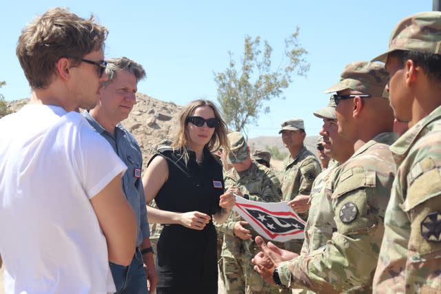 <p>courtesy of USO/Lindsey Parker</p> Austin Butler (left), Jeff Nichols, Jodie Comer and U.S. Army soldiers on May 28