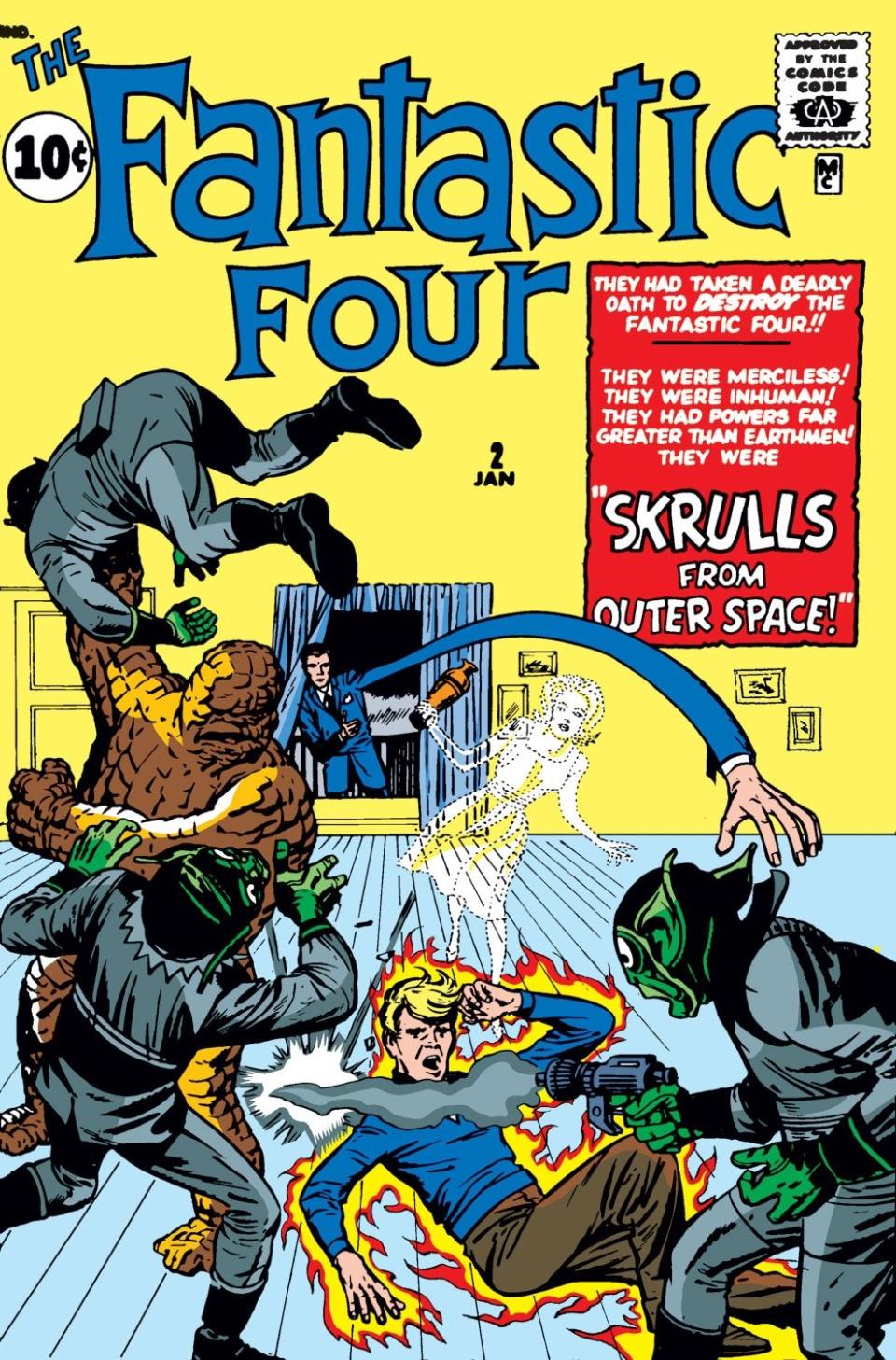 Covert art by Jack Kirby for issue #2 of The Fantastic Four shows three green alien Skrulls fighting the Thing, Mr. Fantastic, and the Invisible Girl, while the Human Torch sits on the floor, stunned.