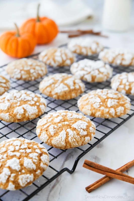 <p>Dessert Now Dinner Later</p><p>Pumpkin crinkle cookies are light, soft and cake-like with warm, flavorful pumpkin spices. You’ll love this easy fall cookie coated in powdered sugar that cracks as it bakes. </p><p><strong>Get the recipe: <em><a href="https://www.dessertnowdinnerlater.com/pumpkin-crinkle-cookies/" rel="nofollow noopener" target="_blank" data-ylk="slk:Pumpkin Crinkle Cookies;elm:context_link;itc:0;sec:content-canvas" class="link ">Pumpkin Crinkle Cookies</a></em></strong></p>
