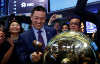 Bin Li, CEO of Chinese electric vehicle start-up NIO Inc., rings a ceremonial bell as NIO stock begins trading on the floor of the New York Stock Exchange (NYSE) during the company’s initial public offering (IPO) at the NYSE in New York, U.S., September 12, 2018. REUTERS/Brendan McDermid