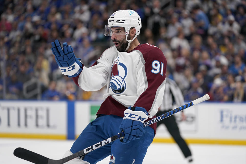 Colorado Avalanche's Nazem Kadri celebrates after scoring during the third period in Game 4 of an NHL hockey Stanley Cup second-round playoff series against the St. Louis Blues Monday, May 23, 2022, in St. Louis. (AP Photo/Jeff Roberson)