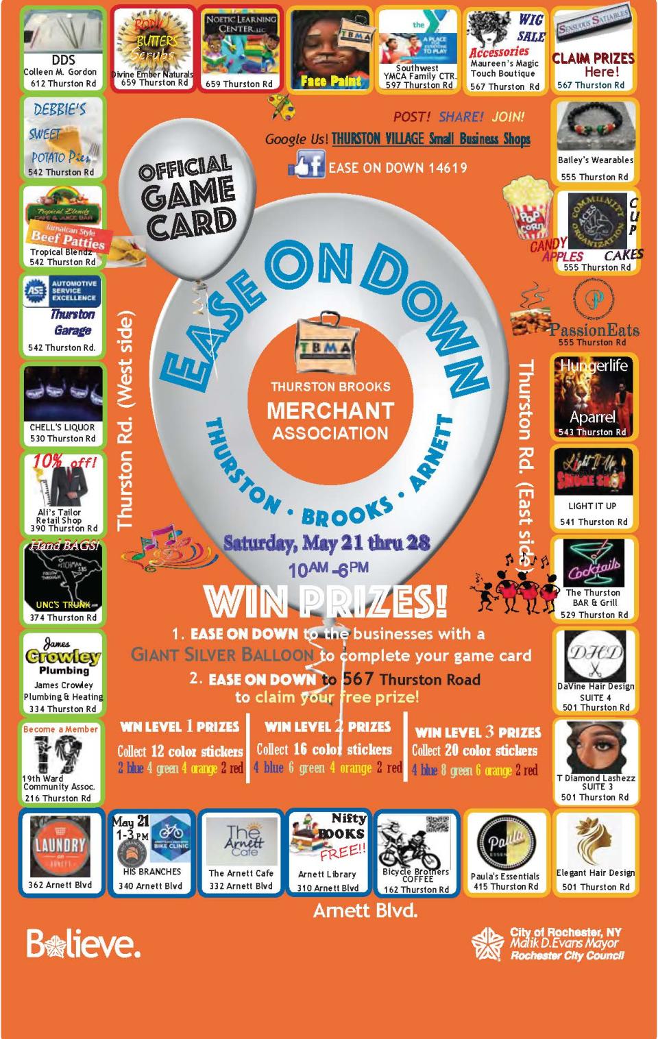 The official game card for Ease on Down 2022 includes all participating businesses. Players are encouraged to follow the giant silver balloons to obtain stickers. Once all stickers are collected, the card has to be dropped off at 567 Thurston Road to collect prizes.