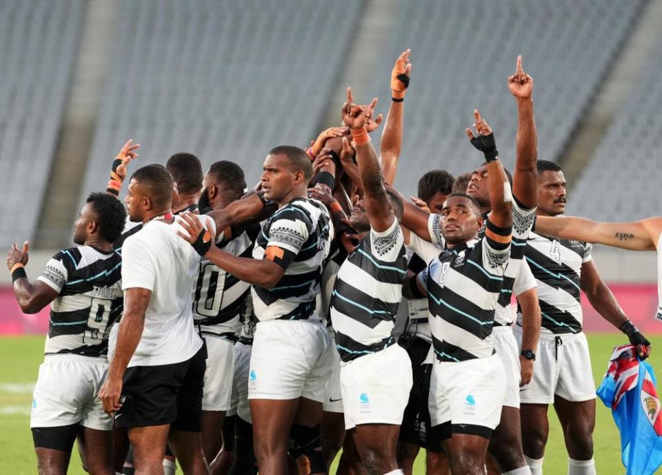 Fiji celebrate after rugby sevens men’s gold medal match.