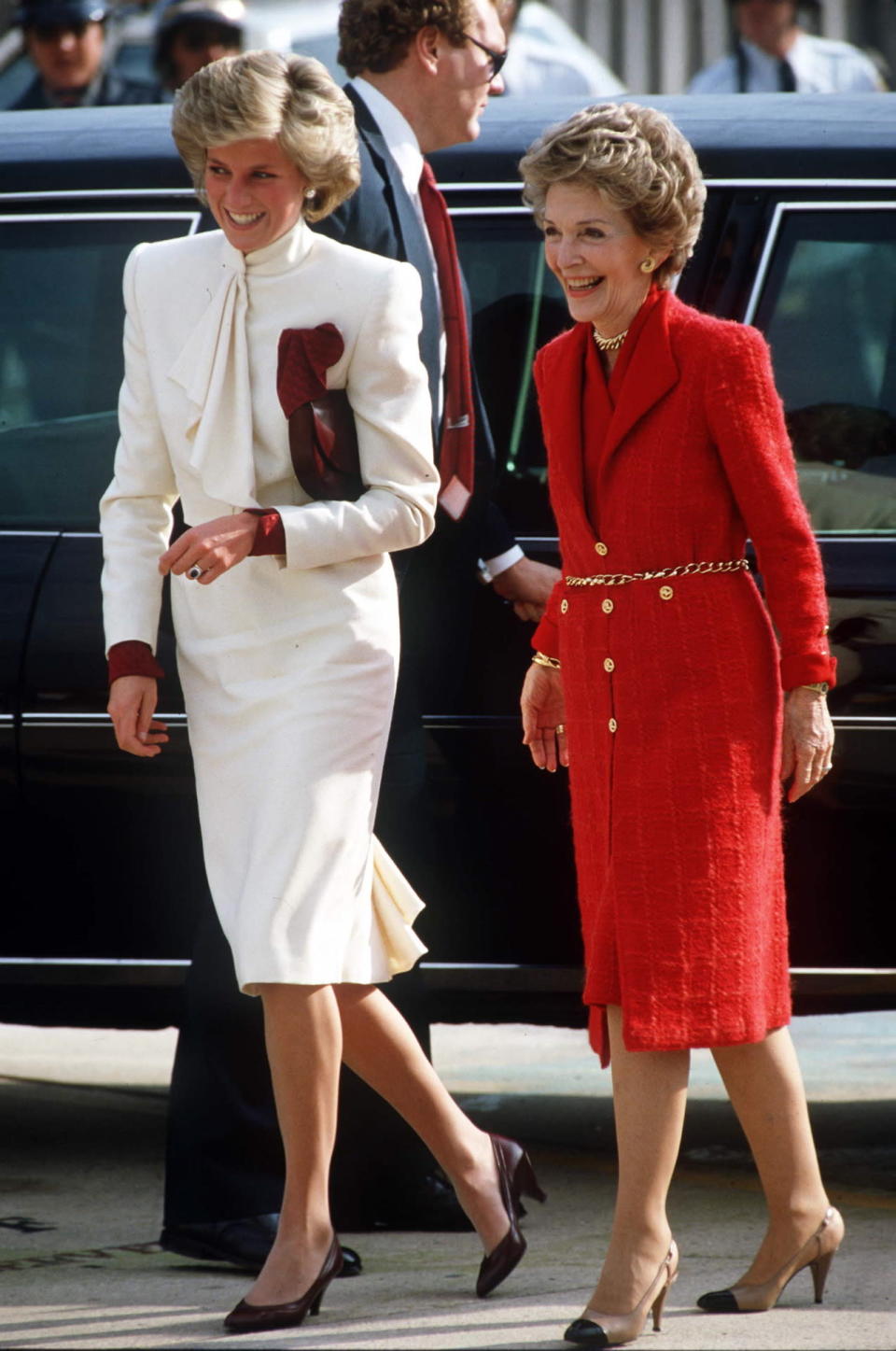 Nancy Reagan wearing her favorite color, red, with Princess Diana