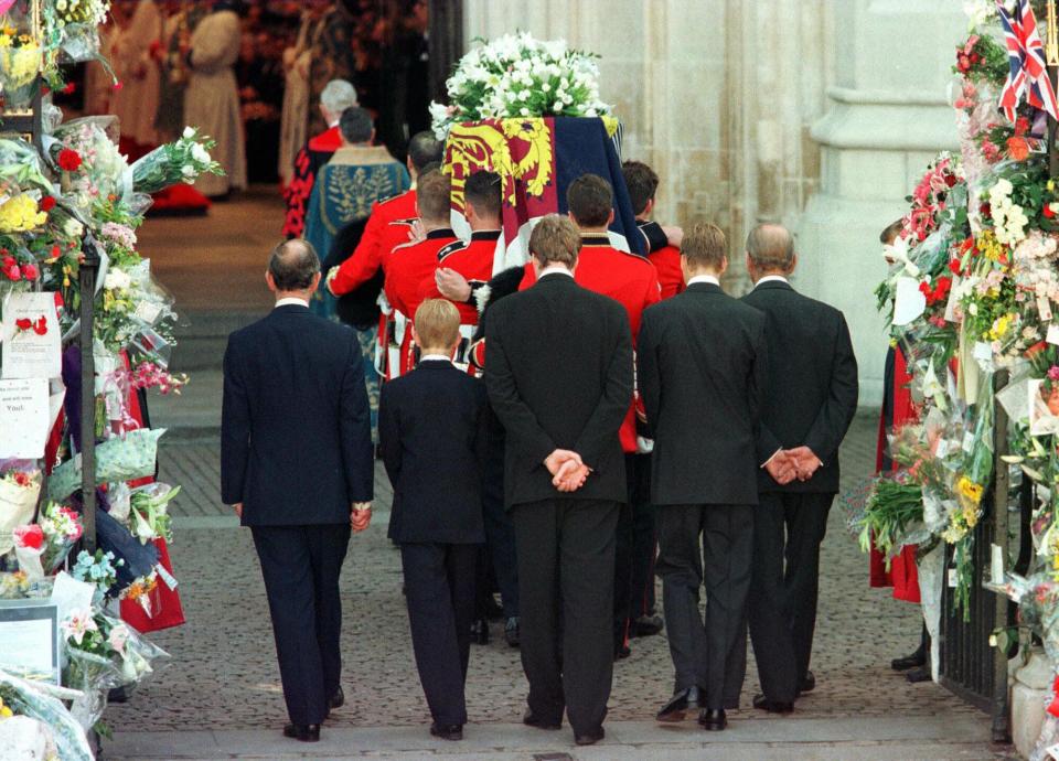 Prince Charles, Prince Harry, Earl Spencer, Prince William and the Duke of Edinburgh (L to R) follow the coffin of Diana, Princess of Wales, as it is being carried into Westminster Abbey for a funeral service 06 September