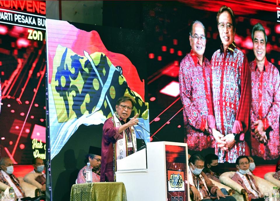 Sarawak Chief Minister Datuk Patinggi Abang Johari Openg delivers a speech during the opening ceremony of the Parti Pesaka Bumiputera Bersatu mini-convention in Betong September 26, 2020. — Bernama pic