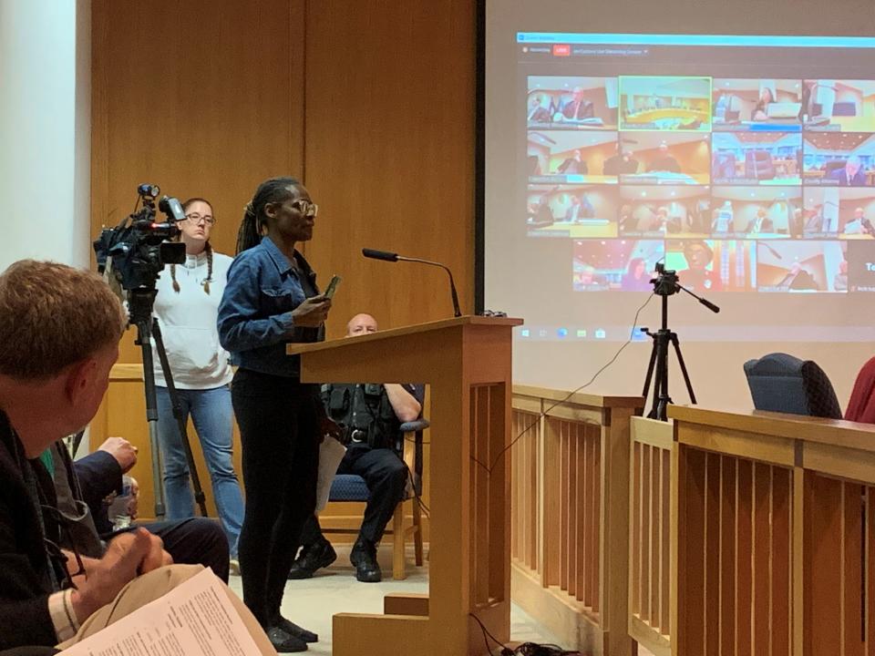 Local activist Tikeeta Wallace speaks to Greenville County Counil in regards to the "right to life ordinance" at its meeting on Tuesday, April 5, 2022.