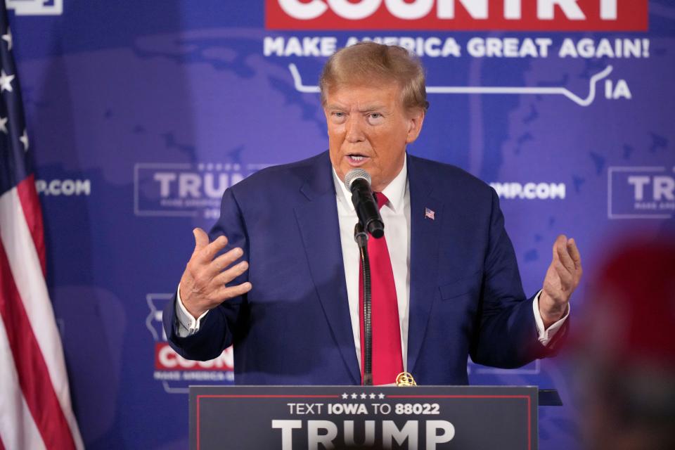 Former President Donald Trump speaks during a Commit to Caucus rally, Saturday, Dec. 2, 2023, in Ankeny, Iowa. (AP Photo/Matthew Putney)