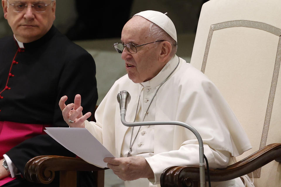 Pope Francis speaks during his weekly general audience in the Paul VI hall at the Vatican, Wednesday, Aug. 4, 2021. It was Francis' first general audience since undergoing planned surgery to remove half his colon for a severe narrowing of his large intestine on July 4, his first major surgery since he became pope in 2013. (AP Photo/Riccardo De Luca)