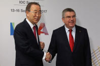 International Olympic Committee (IOC) President Thomas Bach and former UN Secretary-General Ban Ki-moon pose for picture during the 131st IOC session in Lima, Peru, September 14, 2017. REUTERS/Guadalupe Pardo