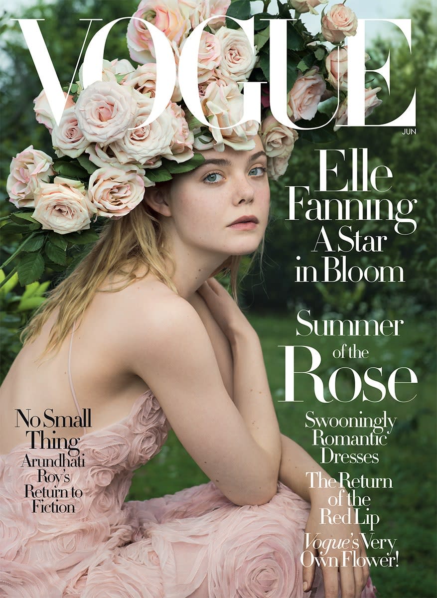 Elle Fanning wears a Valentino Haute Couture dress. Vogue June 2017 issue.