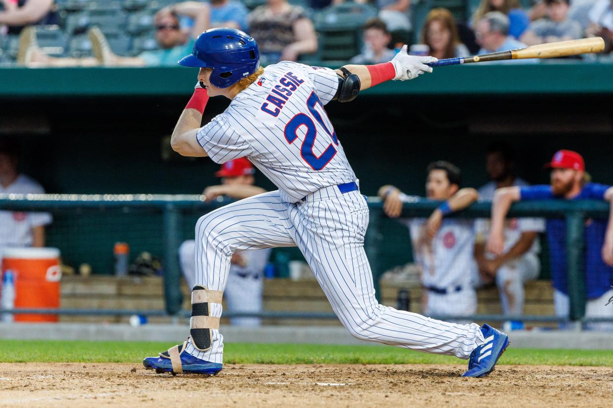 South Bend Cubs Owen Caissie (20) at bat during the South Bend Cubs-Fort Wayne Tin Caps baseball game on Friday, May 13, 2022, at Four Winds Field  in South Bend, Indiana.