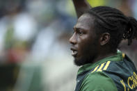 Portland Timbers midfielder Yimmi Chara readies a corner kick against Los Angeles FC during an MLS soccer match Sunday, Sept. 19, 2021, in Portland, Ore. (Sean Meagher/The Oregonian via AP)