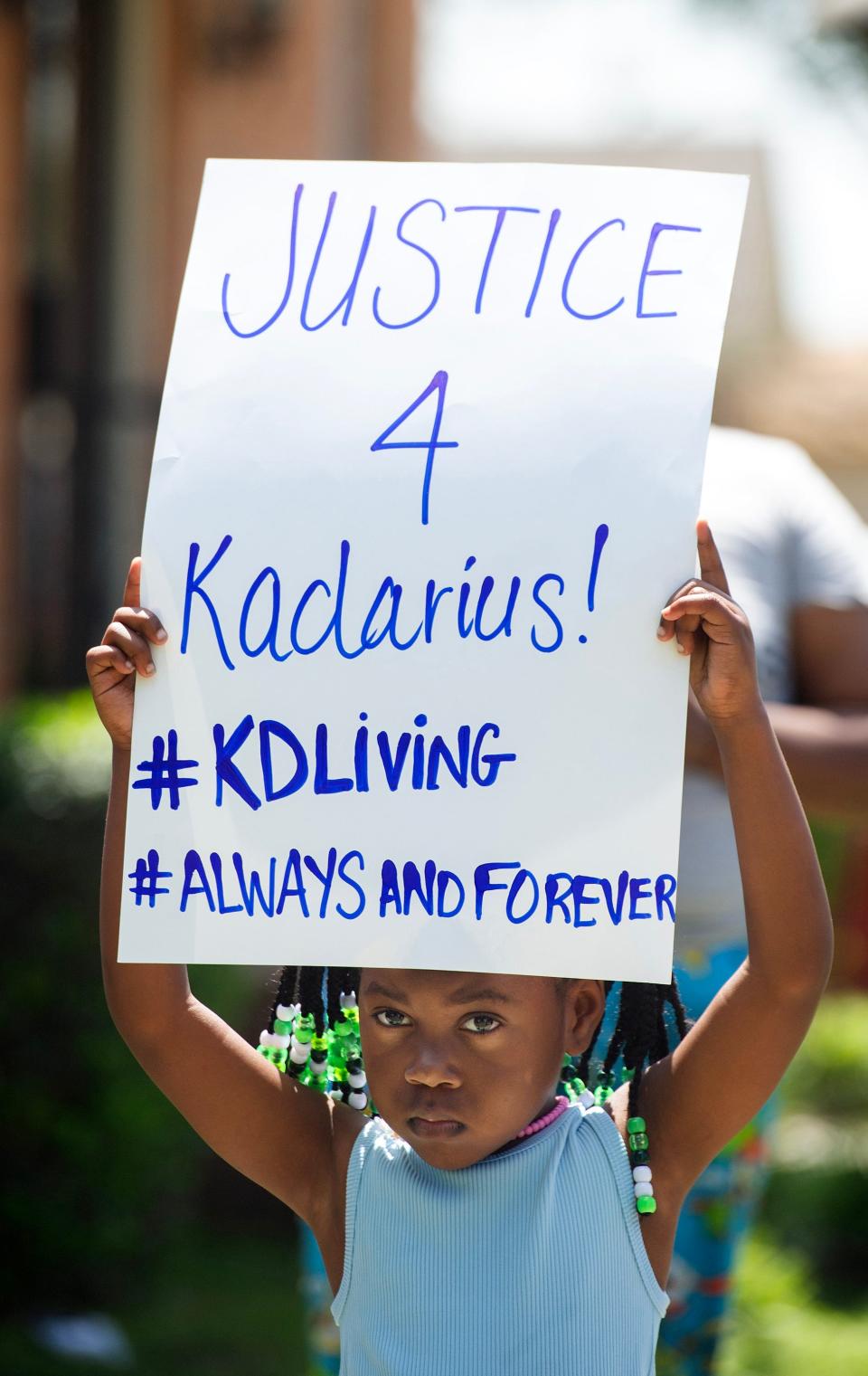 Kennedi Wilson, 5, calls for justice for her cousin 17-year-old Kadarius Smith during a new conference in Leland, Tuesday, April 16, 2024. Smith was allegedly run down by a Leland Police cruiser on March 21.