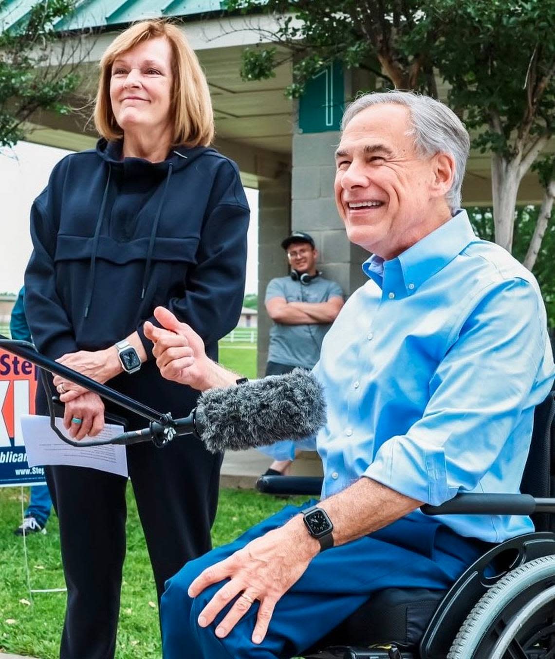 Gov. Greg Abbott, right, released this campaign photo with state Rep. Stephanie Klick in Watauga April 19, 2024.