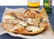 <b>Ingredients</b> 2 prepared pizza bases (see recipe slide 6) 3 sweet potatoes, thinly sliced olive oil 2 slices soft white cheese 3 tbs creme fraiche Sprigs of fresh thyme <b>Method </b> Preheat oven to 220°C. Bring sweet potato slices to the boil in salted water and simmer for five minutes. Drain and place on absorbent paper. When well-drained, toss lightly in a little olive oil, season to taste and then arrange on the pizza bases. Top with cheese, creme fraiche and thyme. Bake for about 20 minutes until the bases are crisp and the cheese golden. Makes 2 <i> Per 291g pizza: 1923kJ, 22g fat (4.5g sat), 51g carbs, 7g fibre, 15g protein, 780mg sodium</i>