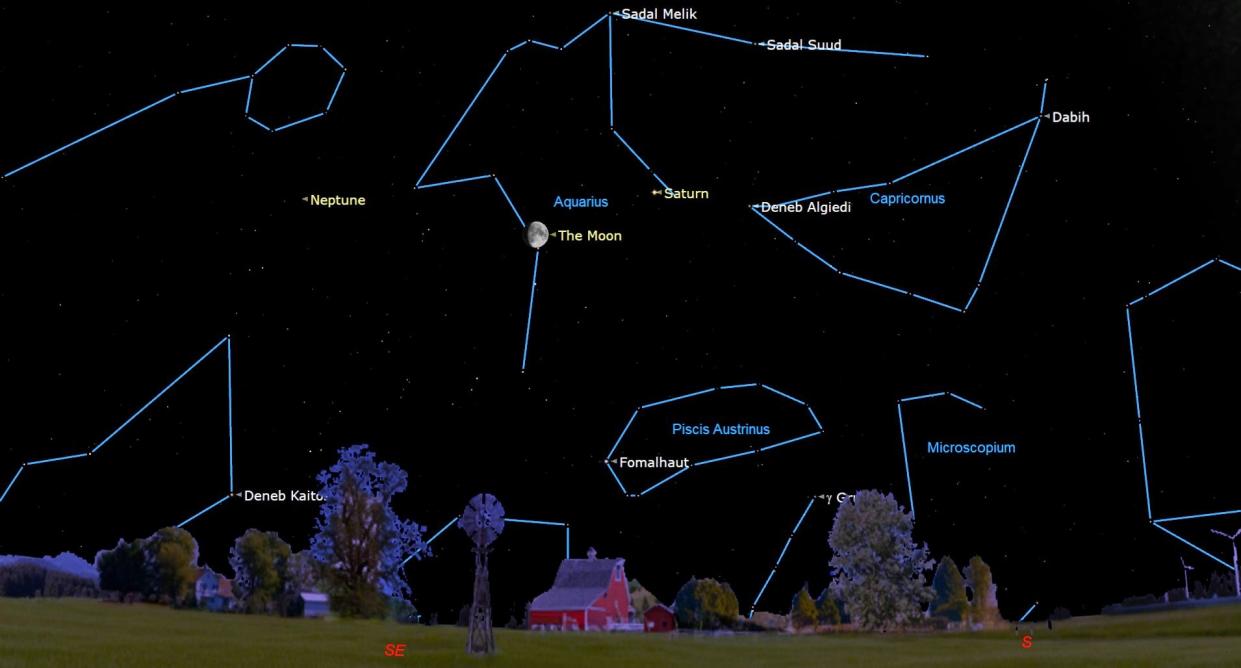  Blue lines connect stars in the night sky to show constellations. neptune and the moon are also shown. 
