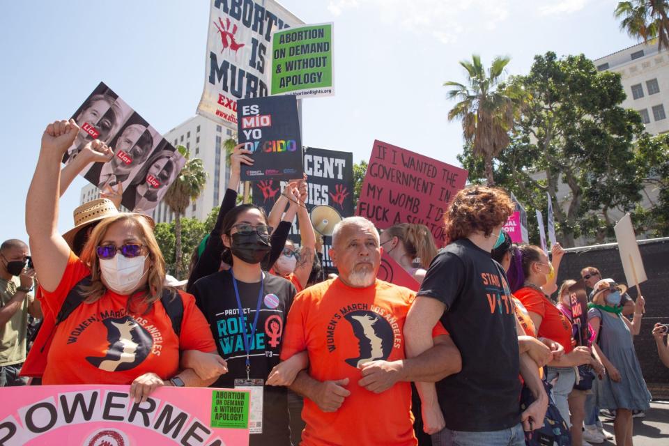 May 14, 2022; Los Angeles, CA, USA; Abortion rights and anti-abortion activists clash during the 'Bans off our Bodies' abortion rights rally in Los Angeles on Saturday, May 14, 2022.. Mandatory Credit: Allison Zaucha-USA TODAY/Sipa USA