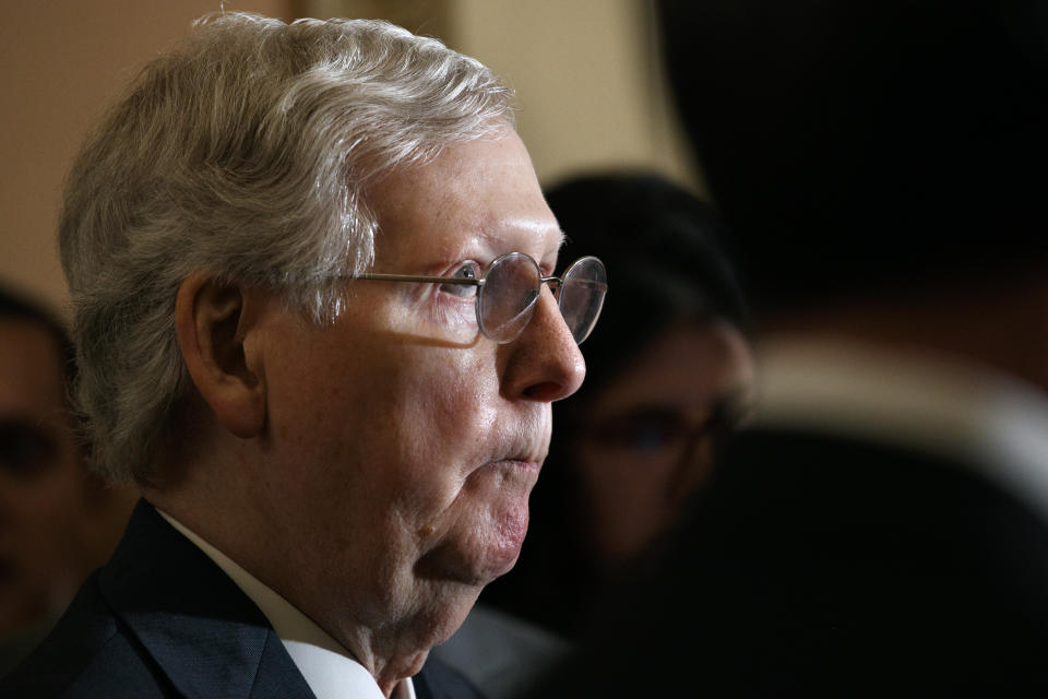 Senate Majority Leader Mitch McConnell of Ky. attends a news conference with members of the Senate Republican Leadership, Tuesday Sept. 24, 2019, after their policy luncheon on Capitol Hill in Washington. (AP Photo/Jacquelyn Martin)