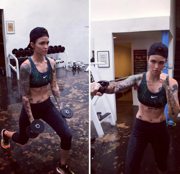 Ruby Rose training hard to perfect her role. She shared the photo with a funny caption that reads: