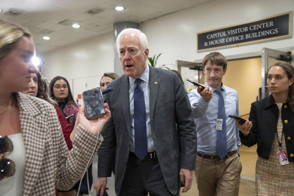 Sen. John Cornyn, R-Texas,speaks to reporters after attending a closed-door briefing about leaked highly classified military documents, Wednesday, April 19, 2023, on Capitol Hill in Washington. (AP Photo/Jacquelyn Martin)