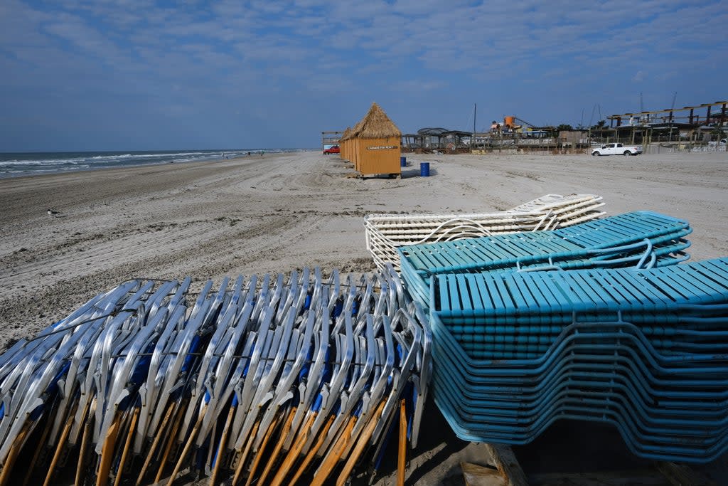 Beach chairs sit piled in the sand in the shore community of Wildwood on May 28, 2021 in Wildwood, New Jersey.   (Photo by Spencer Platt/Getty Images) (Getty Images)