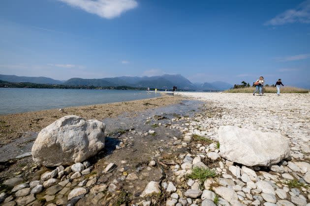 Lake Garda as the lake's water levels recede due to a severe drought in Manerba, Italy, on April 28, 2023. 