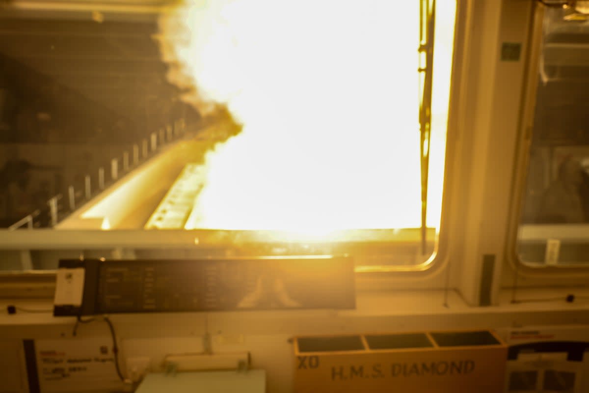 HMS Diamond, seen from the ship's bridge, firing her Sea Viper missiles at an incoming Houthi drone (LPhot Chris Sellars/MoD/Crown Copyright/PA) (PA Media)