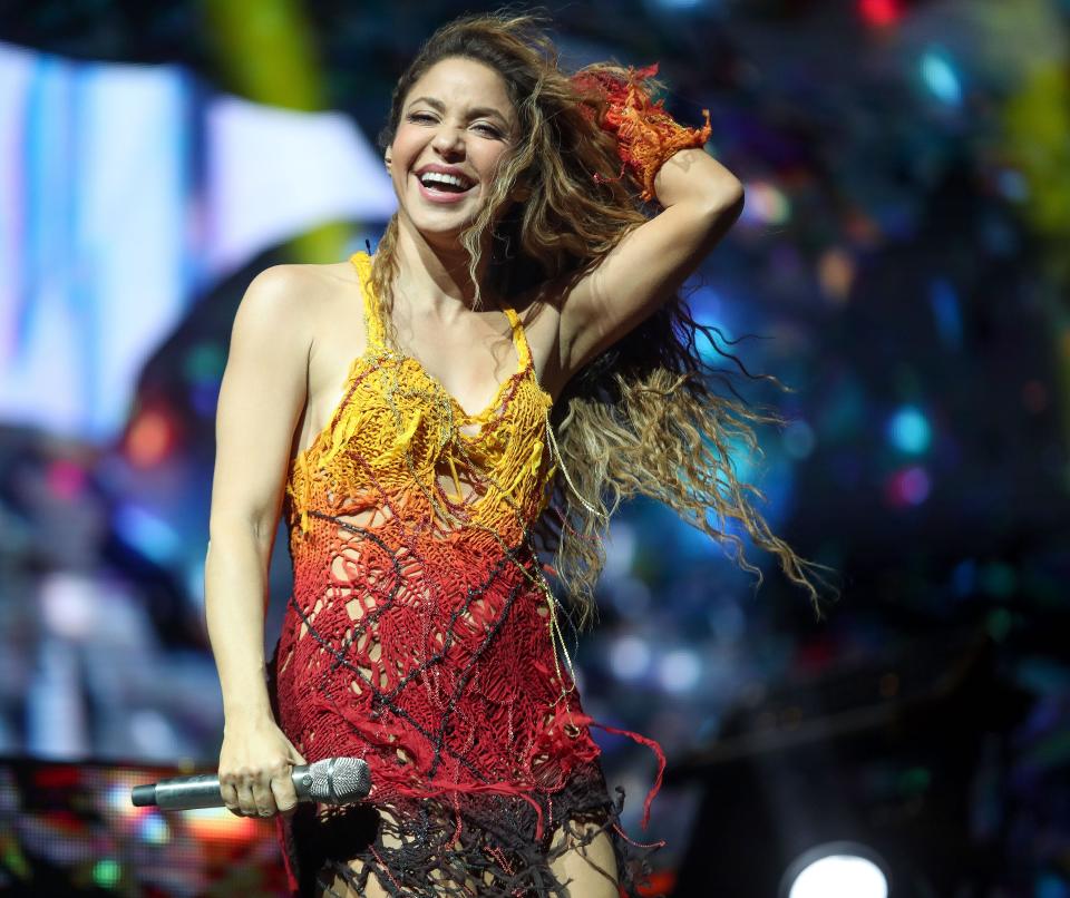 Shakira makes an appearance during Bizarrap's set in the Sahara tent at the Coachella Valley Music and Arts Festival in Indio, Calif., April 12, 2024.