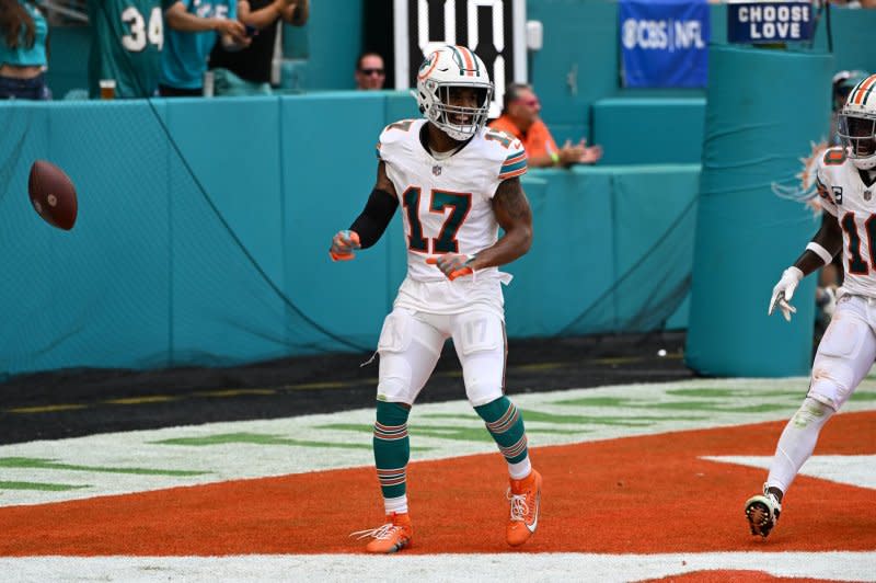 Miami Dolphins wide receiver Jaylen Waddle injured his knee during a loss to the Kansas City Chiefs, but returned to the game Sunday in Frankfurt, Germany. File Photo by Larry Marano/UPI