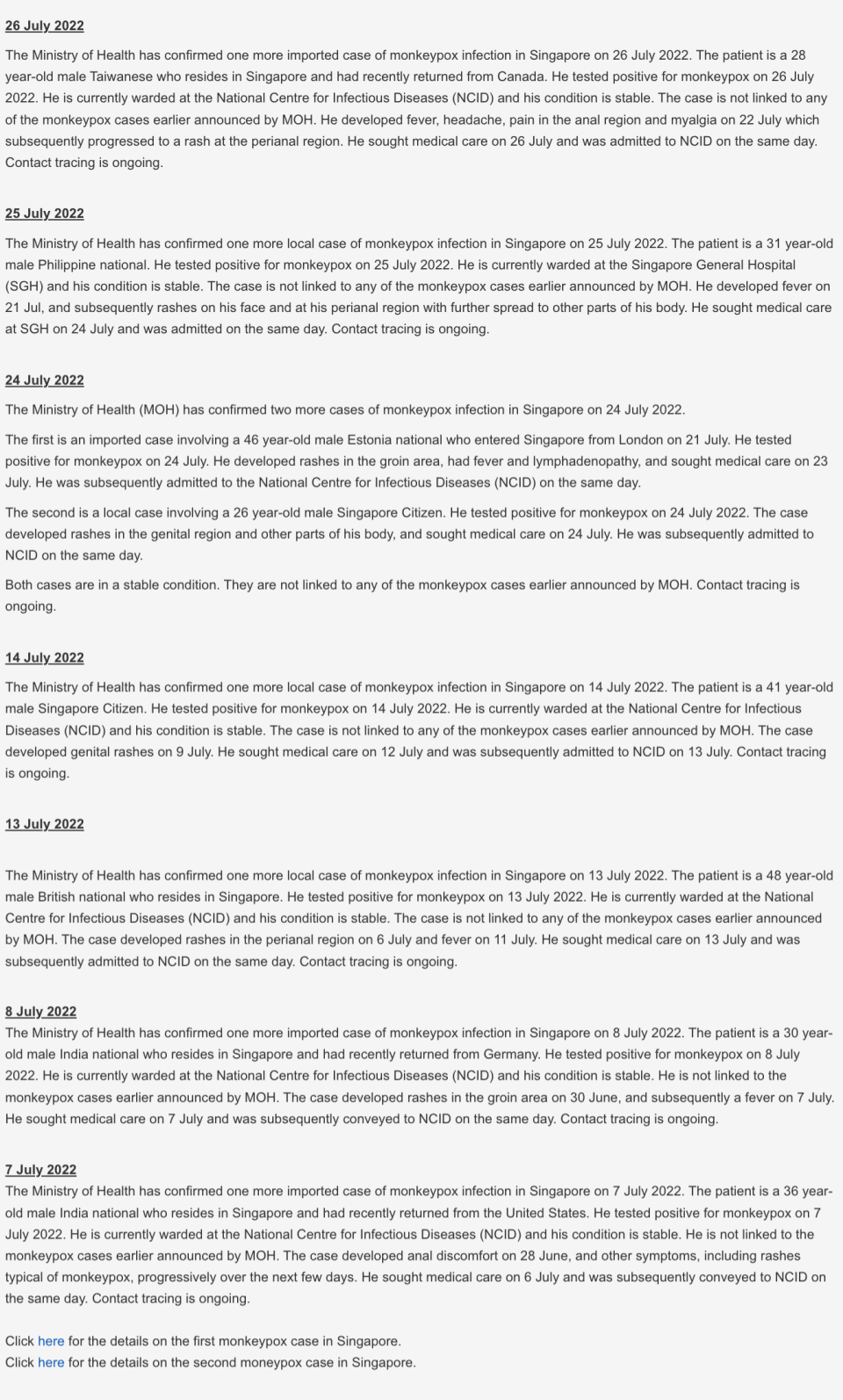 Cases of monkeypox cases linked to the outbreak have been detected in Singapore. (SCREENCAP: moh.gov.sg)