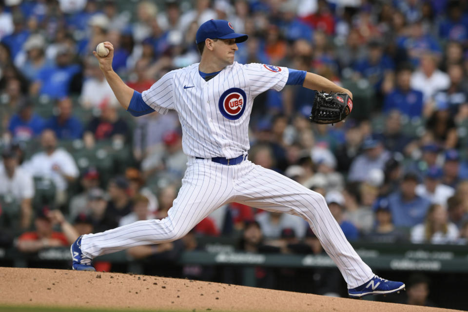 Chicago Cubs starter Kyle Hendricks delivers a pitch during the first inning of a baseball game against the Cleveland Indians Tuesday, June 22, 2021, in Chicago. (AP Photo/Paul Beaty)