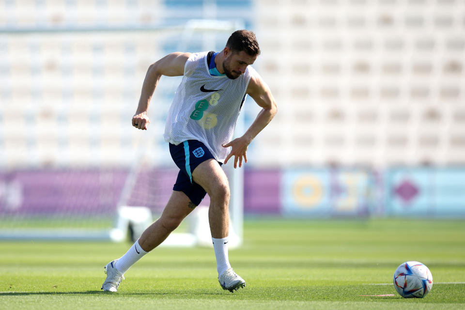 DOHA, QATAR - NOVEMBER 17: Jordan Henderson of England in action during an England training session at Al Wakrah Stadium on November 17, 2022 in Doha, Qatar. (Photo by Eddie Keogh - The FA/The FA via Getty Images)