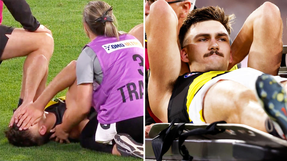 Josh Gibcus, pictured here after suffering a suspected ACL injury in Richmond's AFL loss to Carlton.