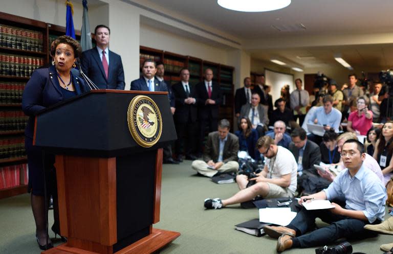 Attorney General Loretta E. Lynch speaks during the announcement of charges against FIFA officials at a news conference on May 27, 2015 in New York