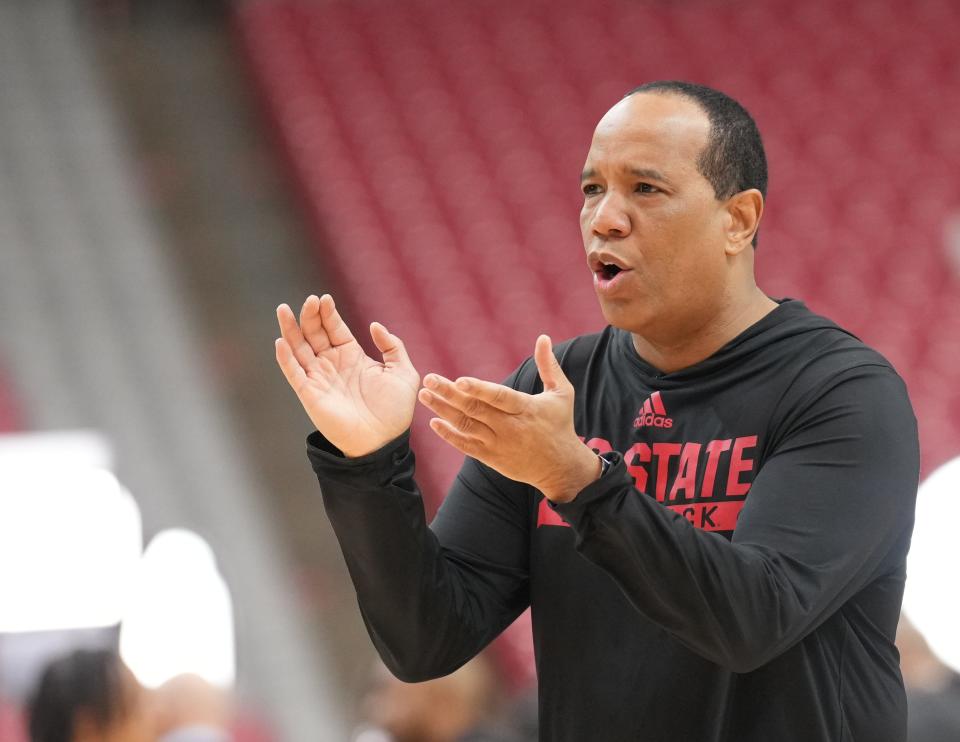 North Carolina State coach Kevin Keatts during a workout before the Final Four.