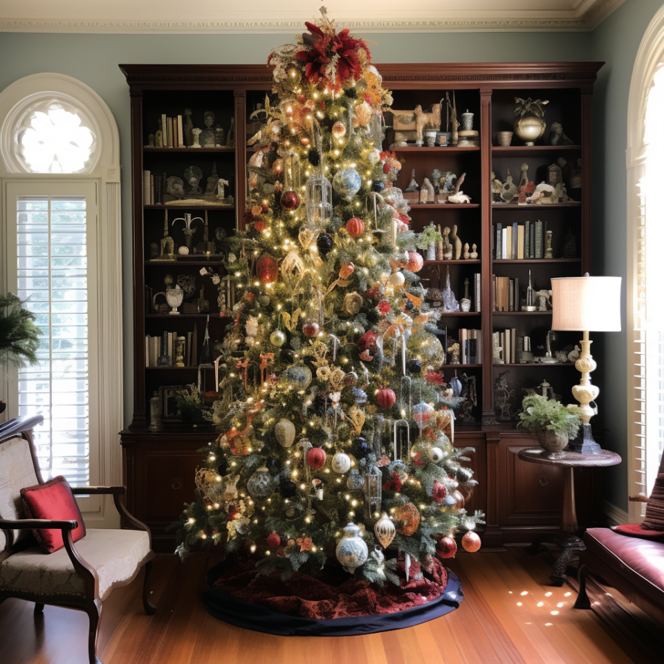 a tall, rustic Christmas tree in front of shelving in a living room that's covered in warm lights, various typical ornaments, and icicle-like decorations with a ribbon tied on top