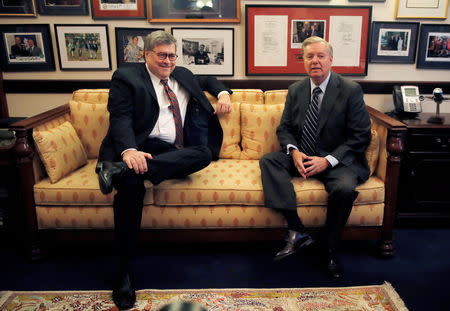 Incoming Senate Judiciary Committee Chairman Lindsey Graham (R-SC) meets with U.S. Attorney General nominee William Barr in Washington, U.S., January 9, 2019. REUTERS/Jim Young