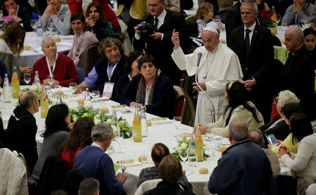 Pope Francis speaks before sharing a lunch with the poor following a special mass to mark the new World Day of the Poor in Paul VI's hall at the Vatican, November 19, 2017. REUTERS/Max Rossi