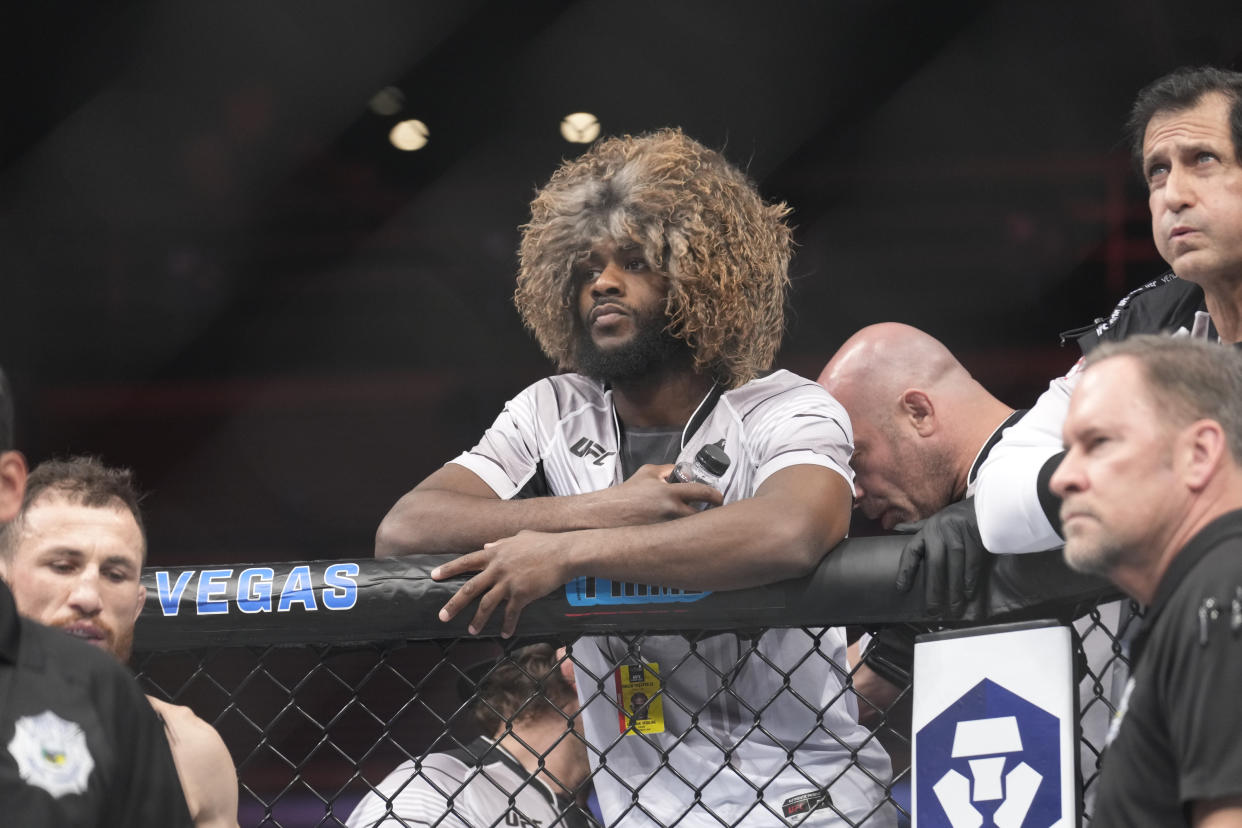 LAS VEGAS, NV - MARCH 11: Aljamain Sterling in Merabs corner during the UFC Fight Night: Yan vs. Dvalishvili event at The Theater at Virgin Hotels on March 11, 2023 in Las Vegas, NV, USA. (Photo by Louis Grasse/PxImages/Icon Sportswire via Getty Images)