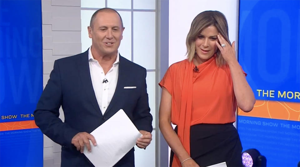 The Morning Show hosts Larry Emdur and Kylie Gillies looking shocked