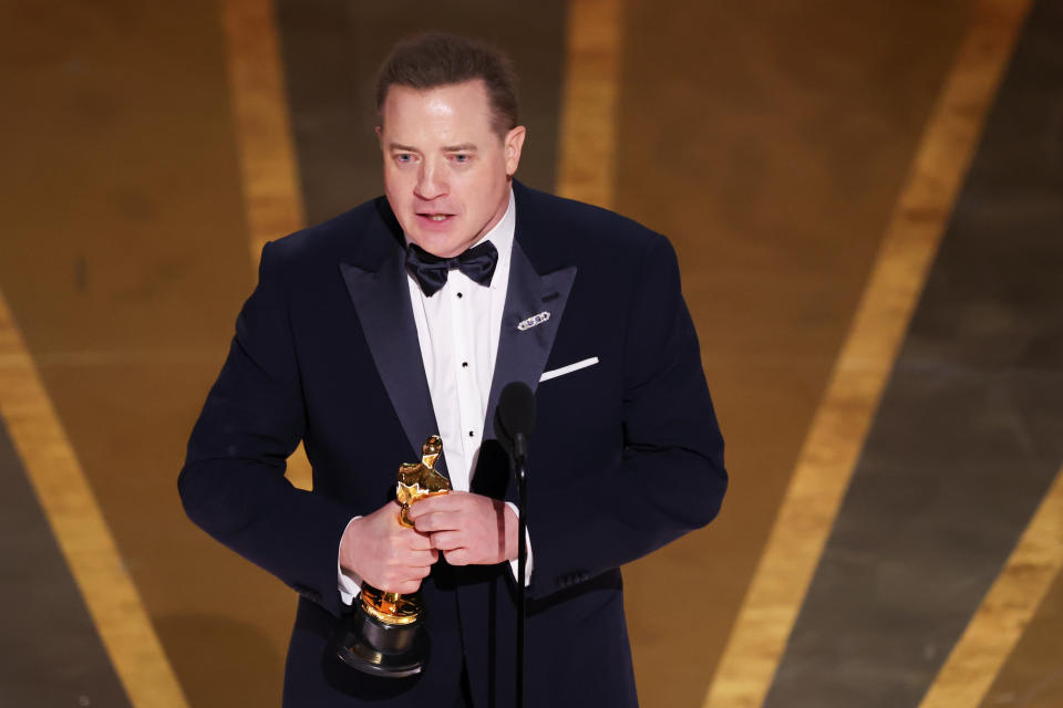 HOLLYWOOD, CA - MARCH 12: Brendan Fraser accepts the award for Actor in a Leading Role at the 95th Academy Awards in the Dolby Theatre on March 12, 2023 in Hollywood, California. (Myung J. Chun / Los Angeles Times via Getty Images)